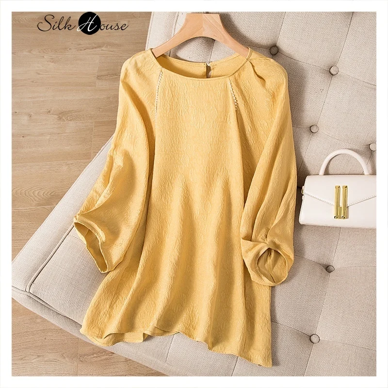 Light Luxury Loose Relaxed Silk Embossed Corolla Crepe T-shirt Women's Three Quarter Sleeve 100%Natural Mulberry Silk Top