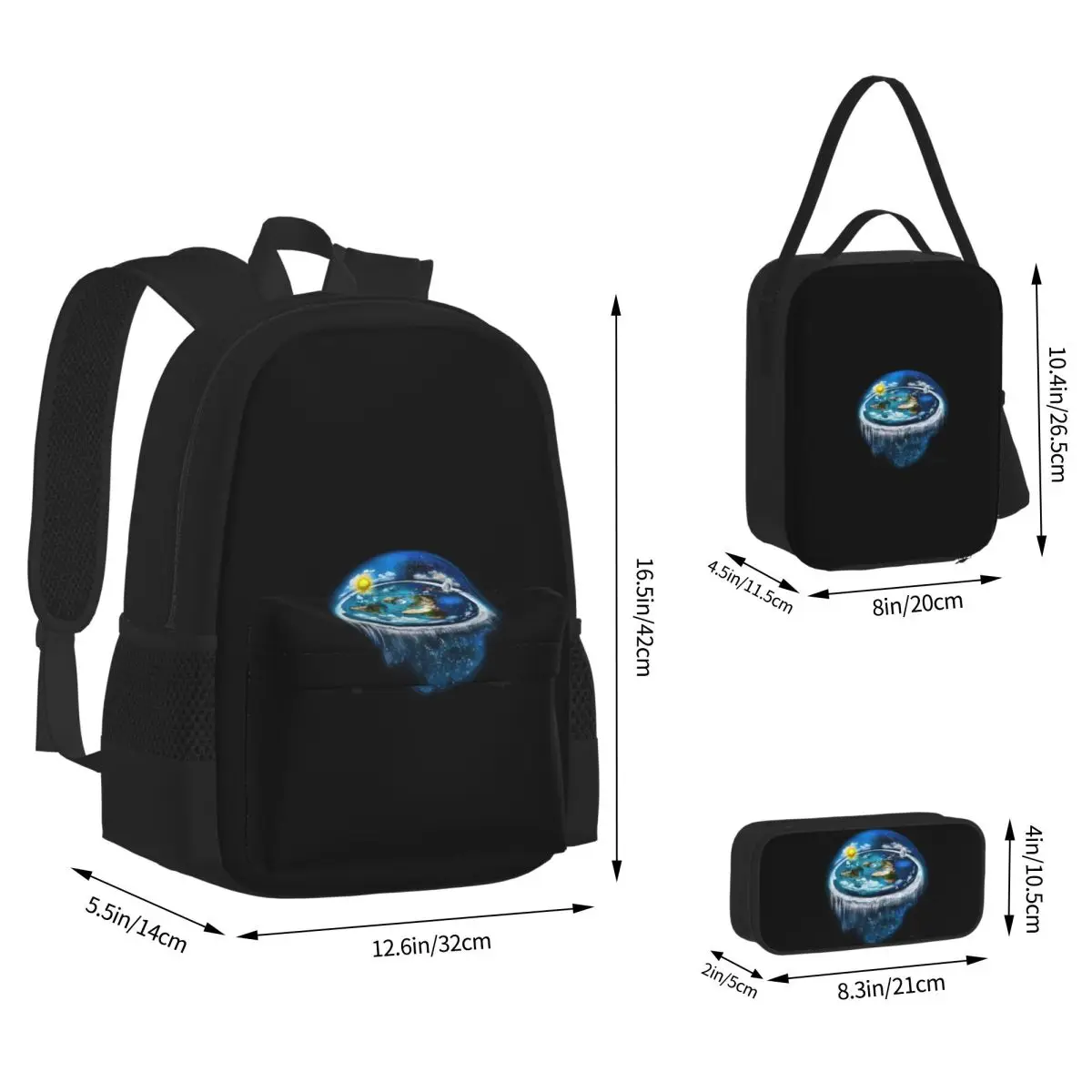 Flat Earth With Dome Art Backpacks Boys Girls Bookbag Students School Bags Kids Rucksack Lunch Bag Pen Bag Three-Piece Set