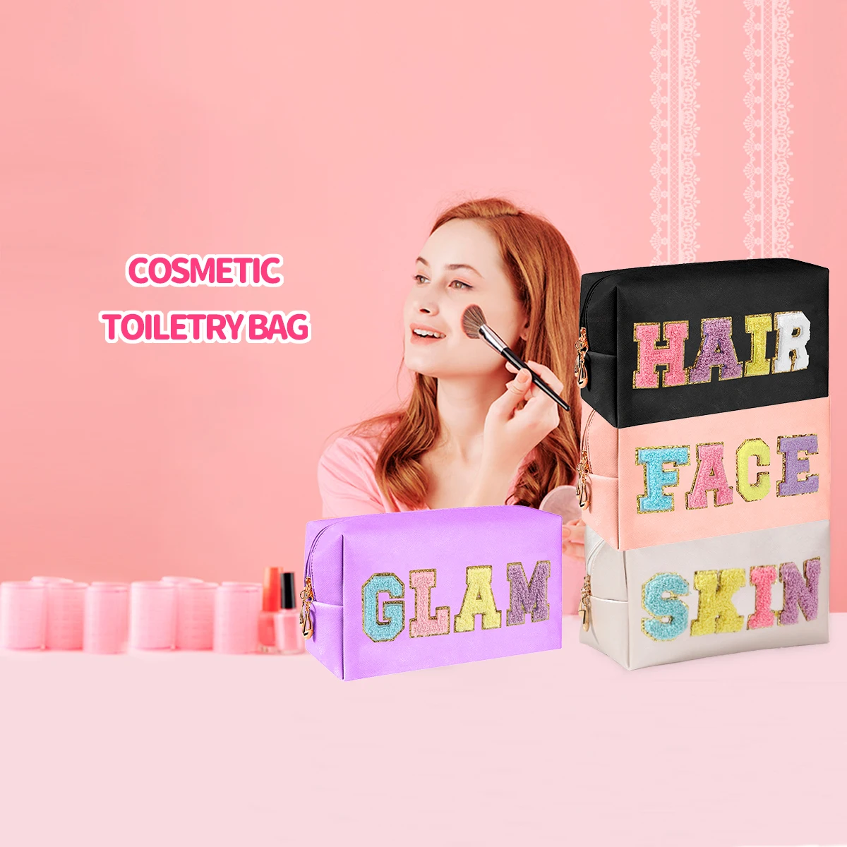 Chenille Letter Cosmetic Bag PU Leather Waterproof Pouch Cute Zipper Organizer, Skin, Hair ， Face and Glam.-zmt