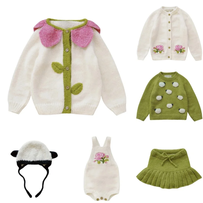 AW26 Children's Autumn/Winter OM New Petal Collar Embroidered Knitted Sweater Cardigan Half Skirt Two Piece Set