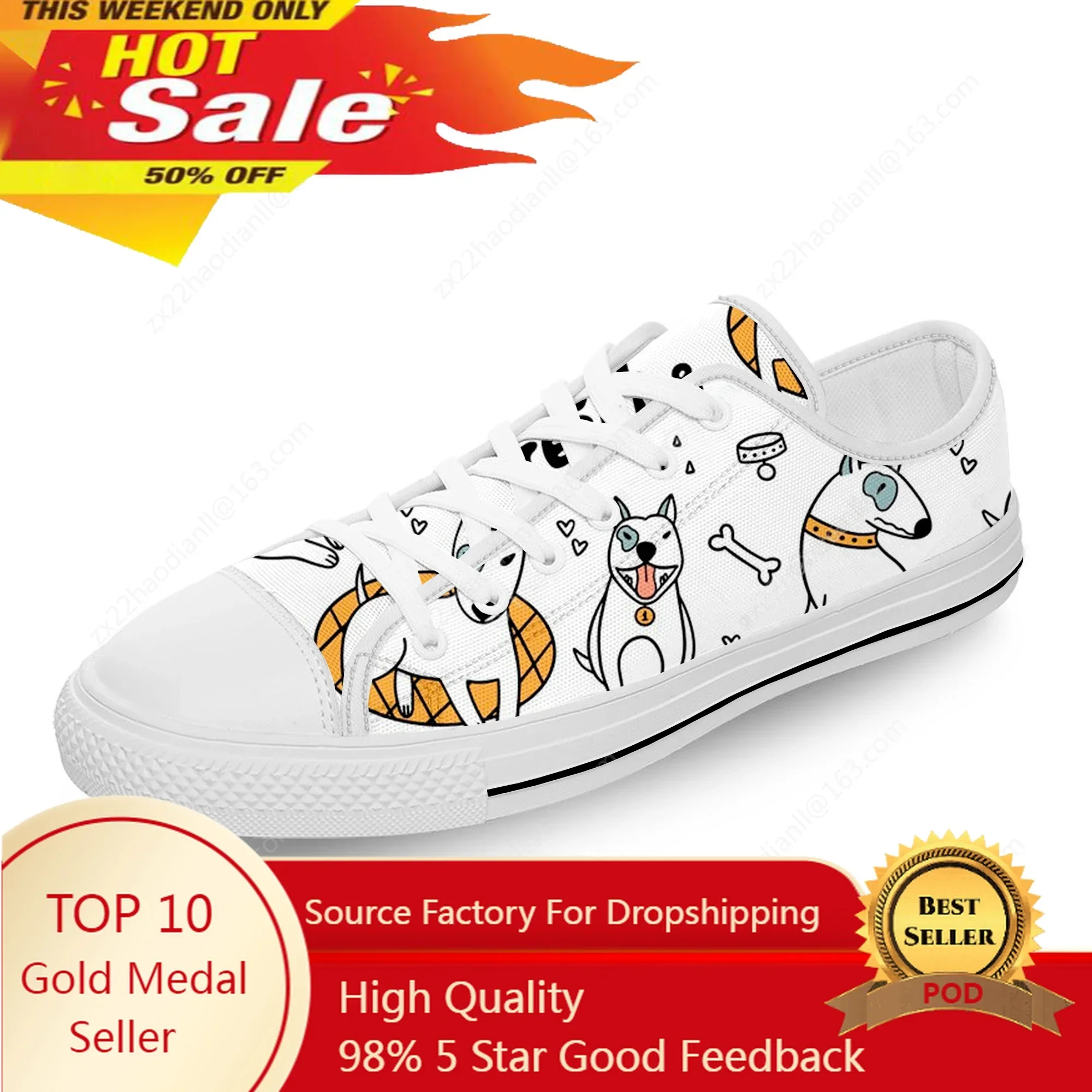 Animal Bull Terrier Cartoon Dog White Cloth Fashion 3D Print Low Top Canvas Shoes Men Women Lightweight Breathable Sneakers