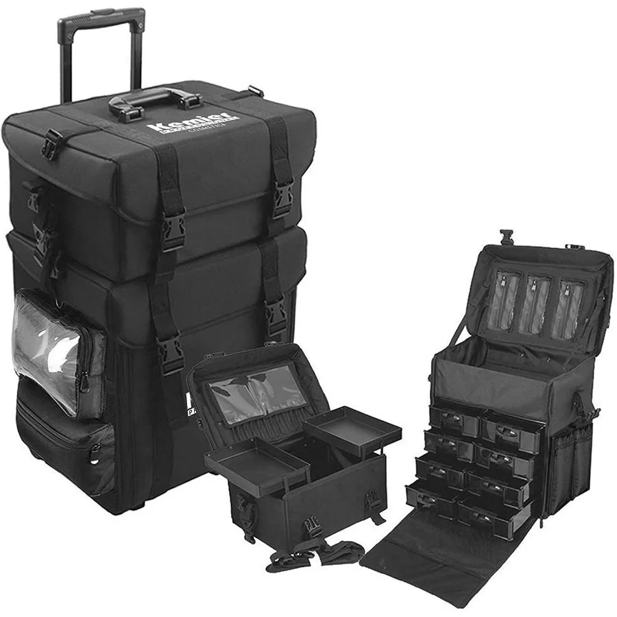 

studio makeup case Omni-directional wheels 2 in 1 Professional Soft SidedRemovable Artist Rolling Makeup Train Case Cosmetic Or