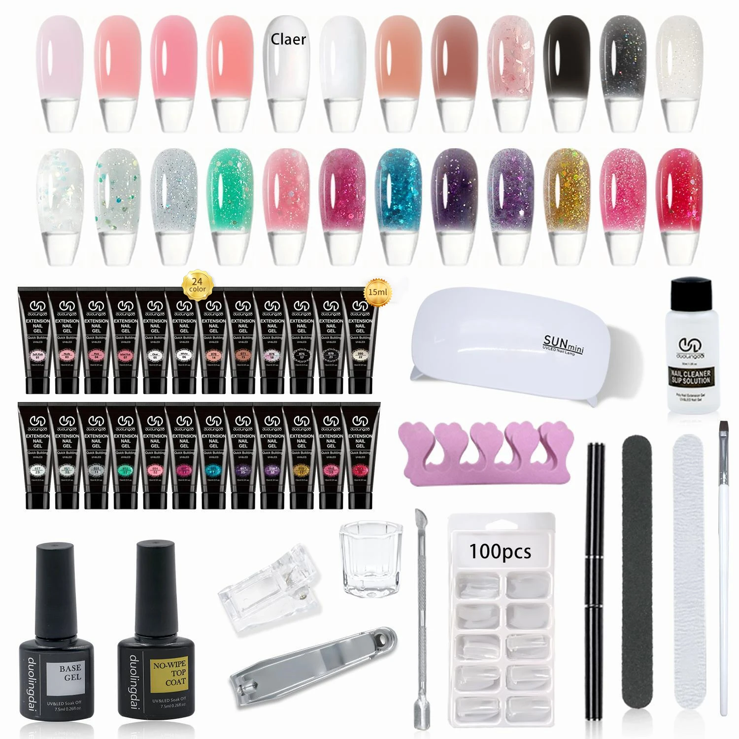 Poly Extension Gel Kit Nagellampe, 24 Farben, schnelle Verlängerung, Poly-Nagelgel, Slip-Lösung, Basis/Matt/Top Coat, Maniküre, professionell