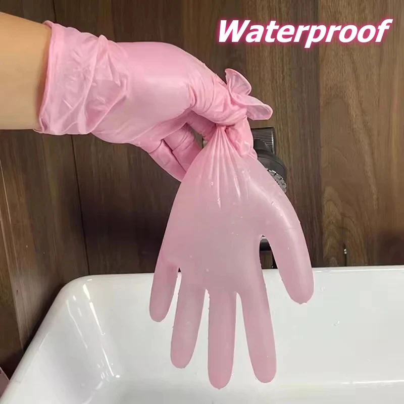 20/50/100 Stück rosa Nitril-Einweghandschuhe, 3,5 mm, latexfrei, Haushaltsreinigungshandschuhe für Lebensmittel, Tattoo-Schönheit, Kosmetikerin – Detail 5