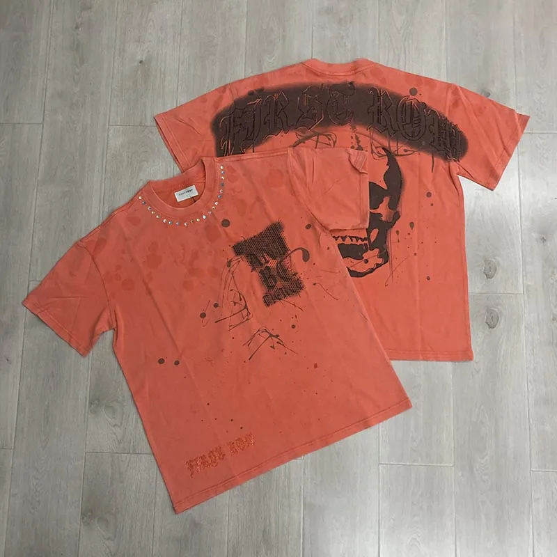 FIRST ROW T-Shirt American White Ink Direct Print Breathable Fashion Streetwear Rhinestone Cotton Men's T-Shirt Summer