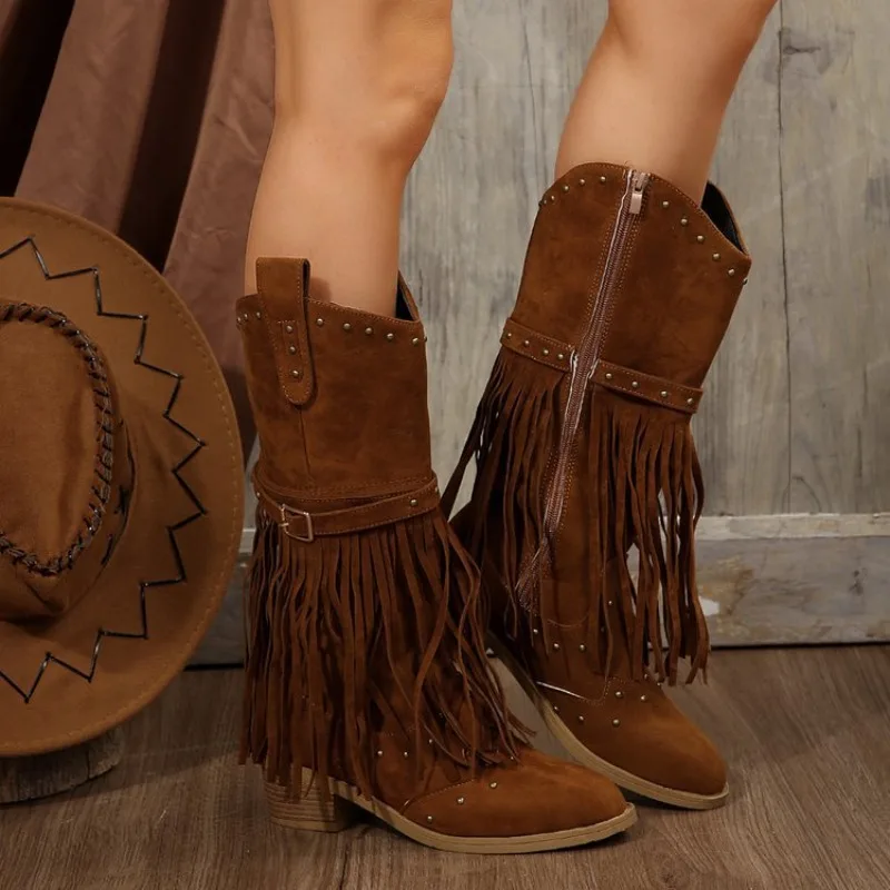 2026 Winter Women Fringes Thick Heel High Boots Suede Pointed Toe Outdoor Fashion Platform Shoes Willow Nails Pumps Women Shoes