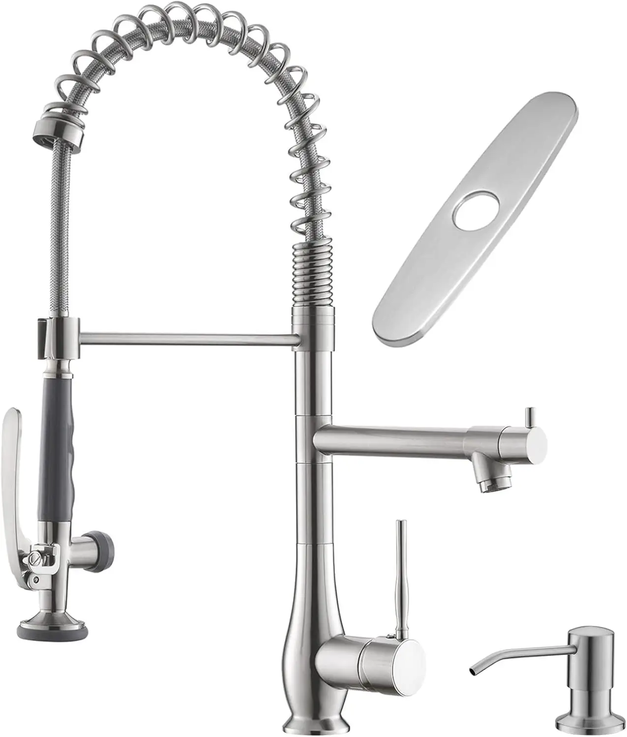 

Commercial Kitchen Faucet with Pull Down Sprayer, Double Headed High Pressure Faucet with Soap Dispenser, Brushed Nickel