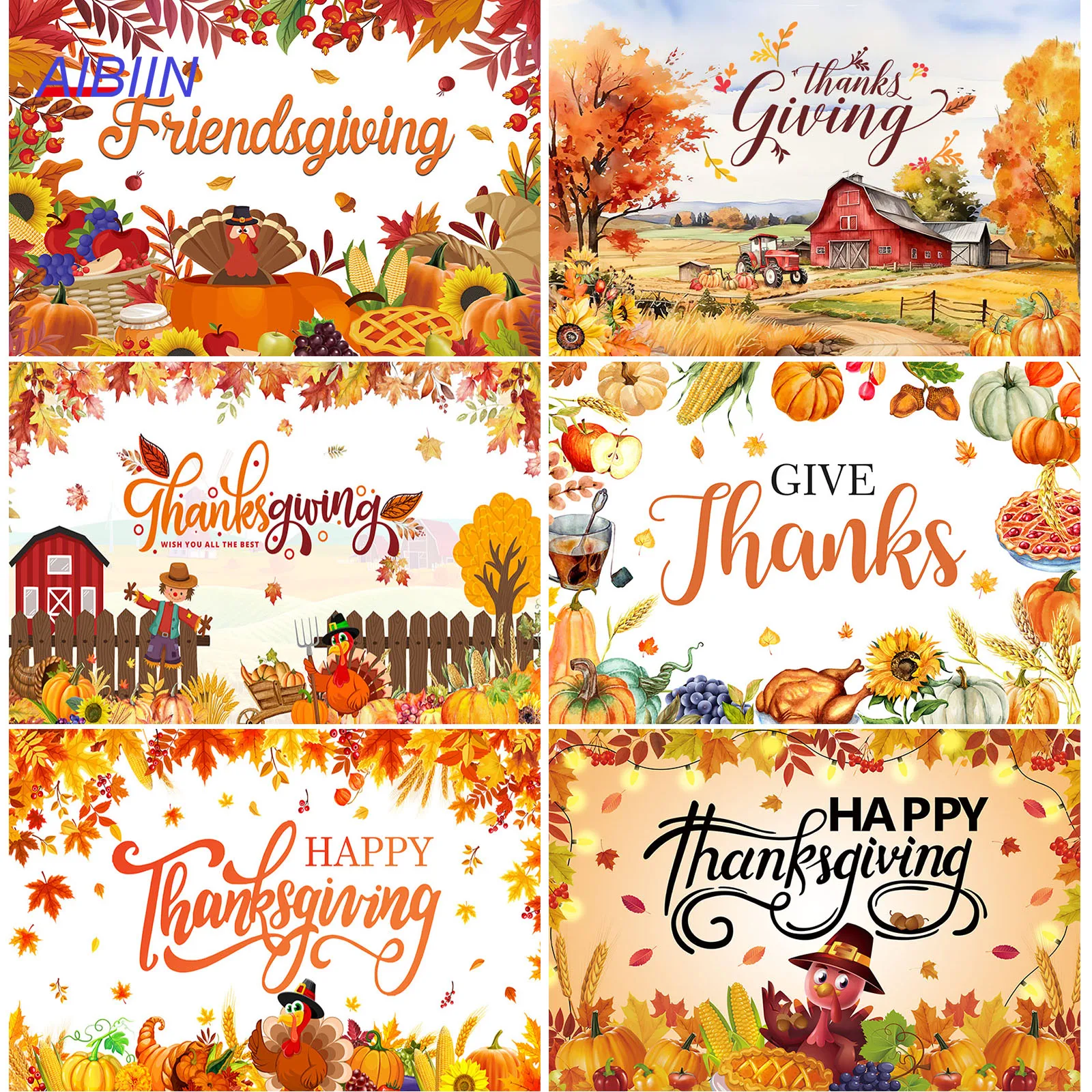 Happy Thanksgiving Backdrop Pumpkin Turkey Maple Leaf Farm Harvest Party Decor Fall Thanksgiving Day Photography Background ﻿