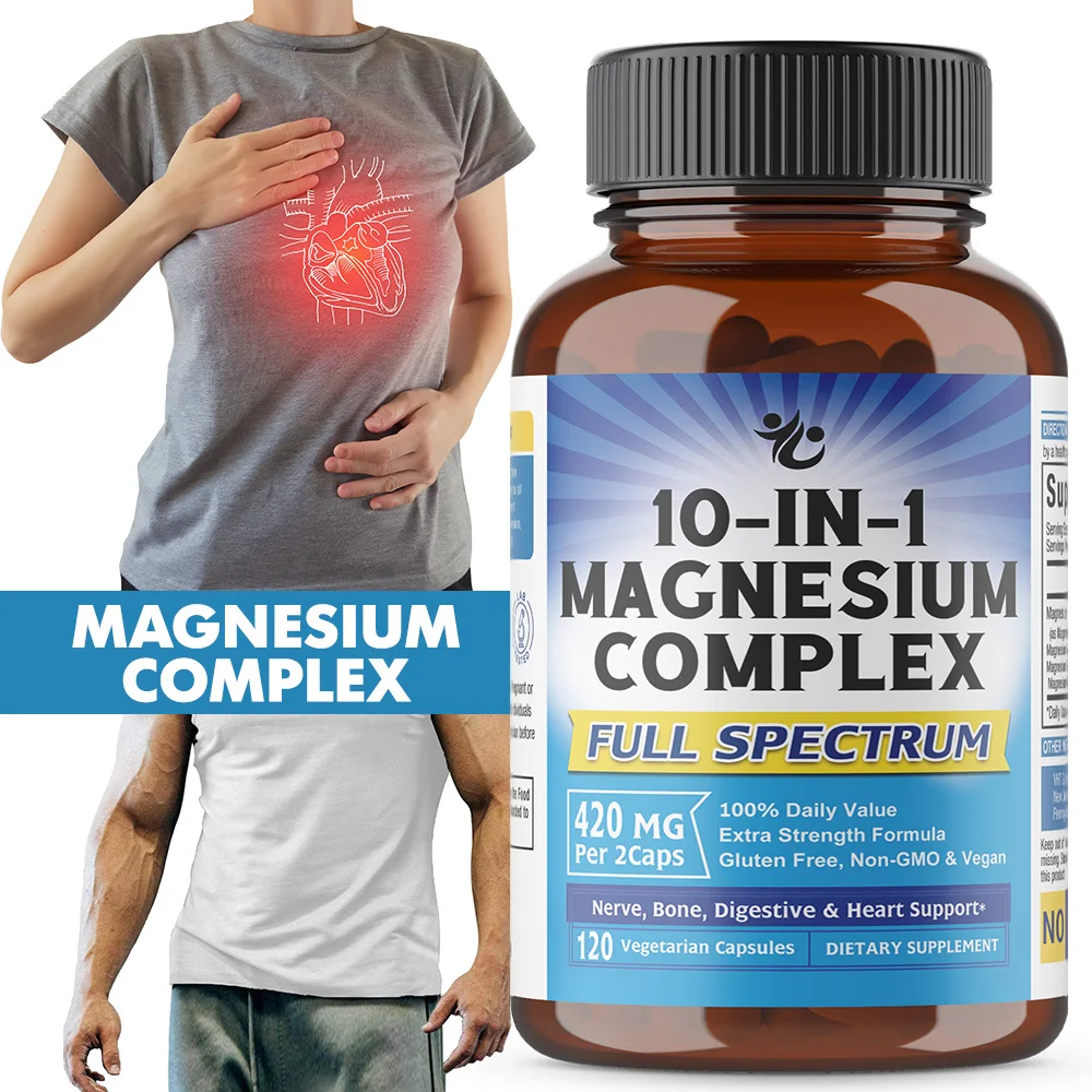 10 in 1 Magnesium Complex Capsules - 420mg Elemental Magnesium, Chelated Magnesium Supplement for Nerves, Bone & Heart Health