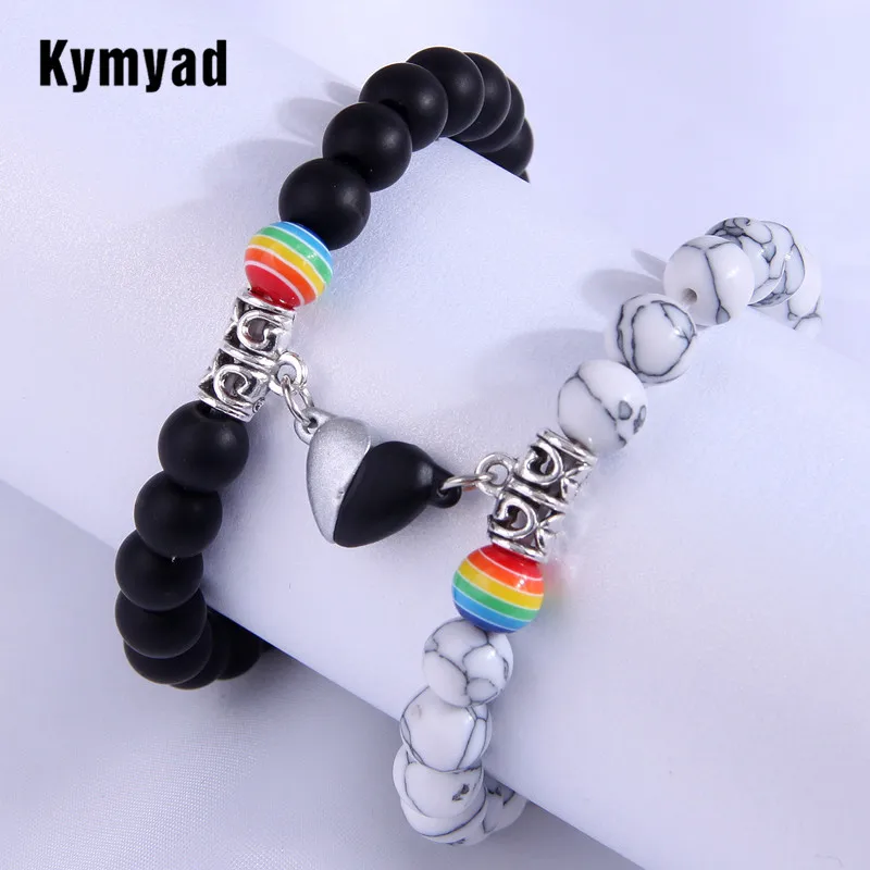 Kymyad Resin Beads Bracelets For Women Men Boho Jewelry Magnetic Heart Charm Bracelet Femme Male Couple Lover Bracelets