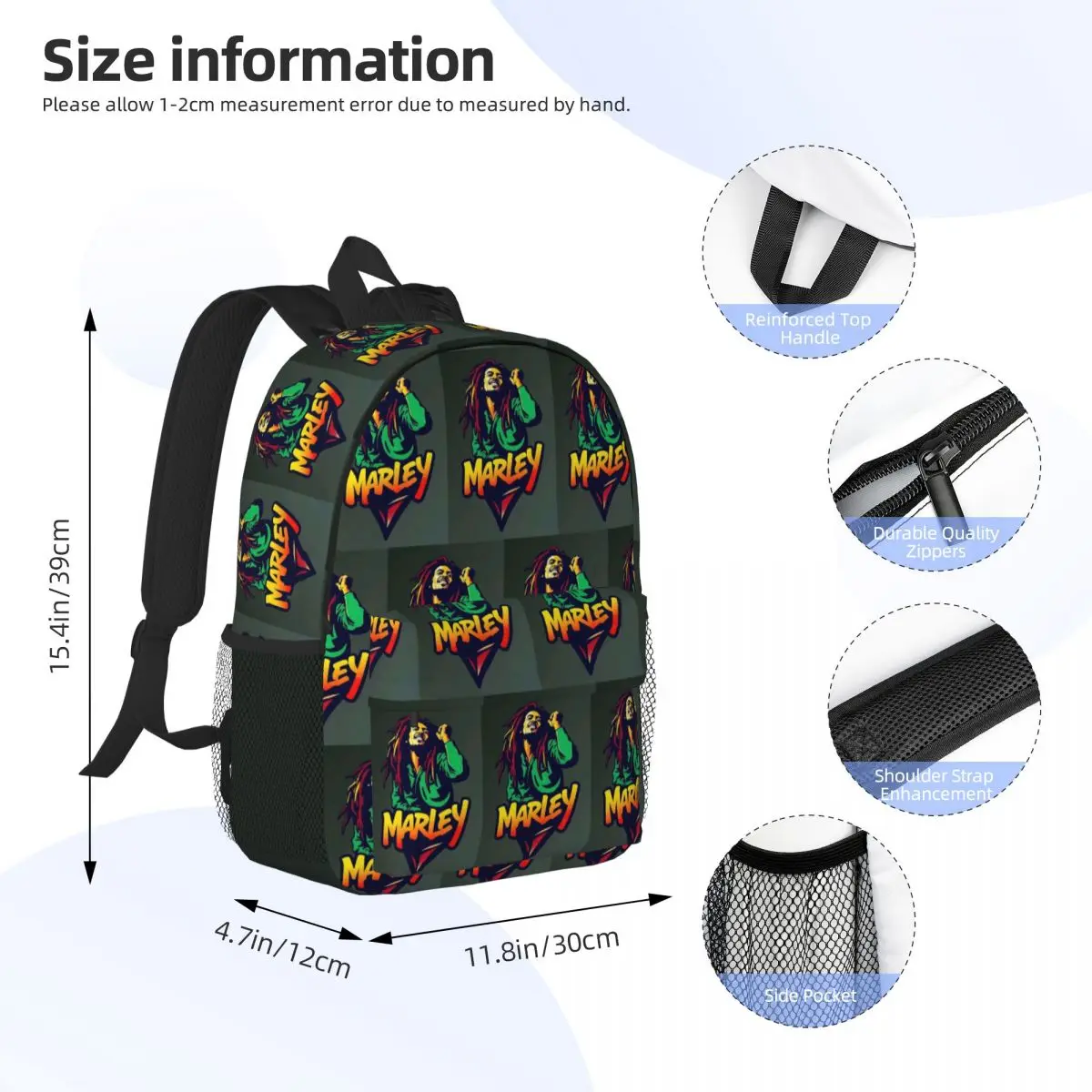 Bob Marley Reggae Backpack Student Boys Girls BookBag Men Women School Bag Laptop Shoulder Bags