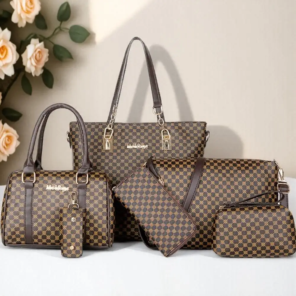 

6PCS PU Leather Tote Bag Set Large Capacity Crossbody Shoulder Bags Travel Fashion Embossed Soft Durable Adjustable Strap