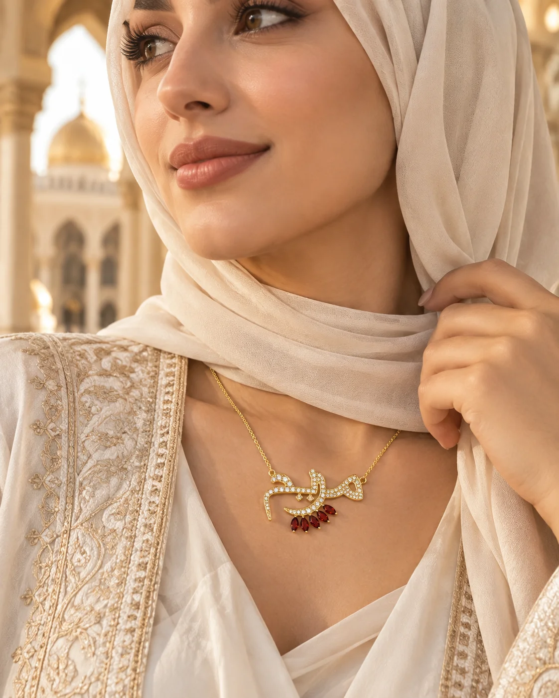 Custom Arabic Name Necklace 3D Islamic Jewelry CZ Olive Birthstone Pendant Personalized Fashion Gift for Women and Men