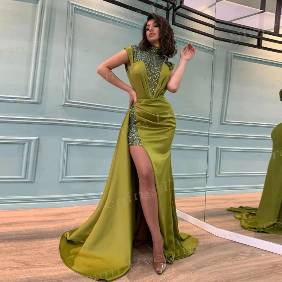 

2024 Classic Green Women's Mermaid Beautiful Evening Dresses New High Neck Sparkling Prom Gowns Sexy Side Split Vestido De Noche