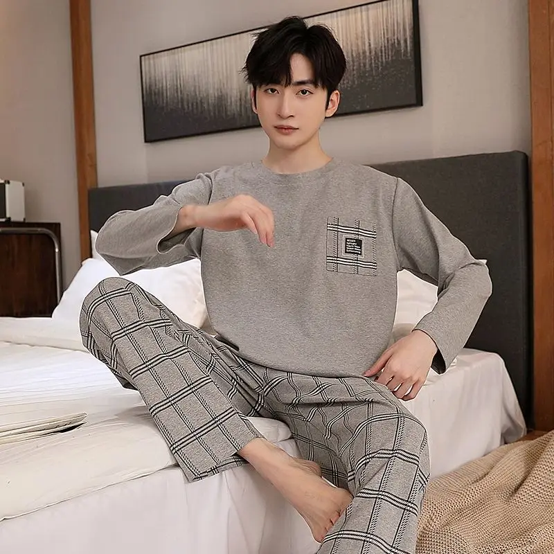 

2025 Autumn Plus Size Long Sleeve Cotton Pajamas Sets for Men Korean Casual Plaid Sleepwear Pyjamas Male Homewear Home Clothes
