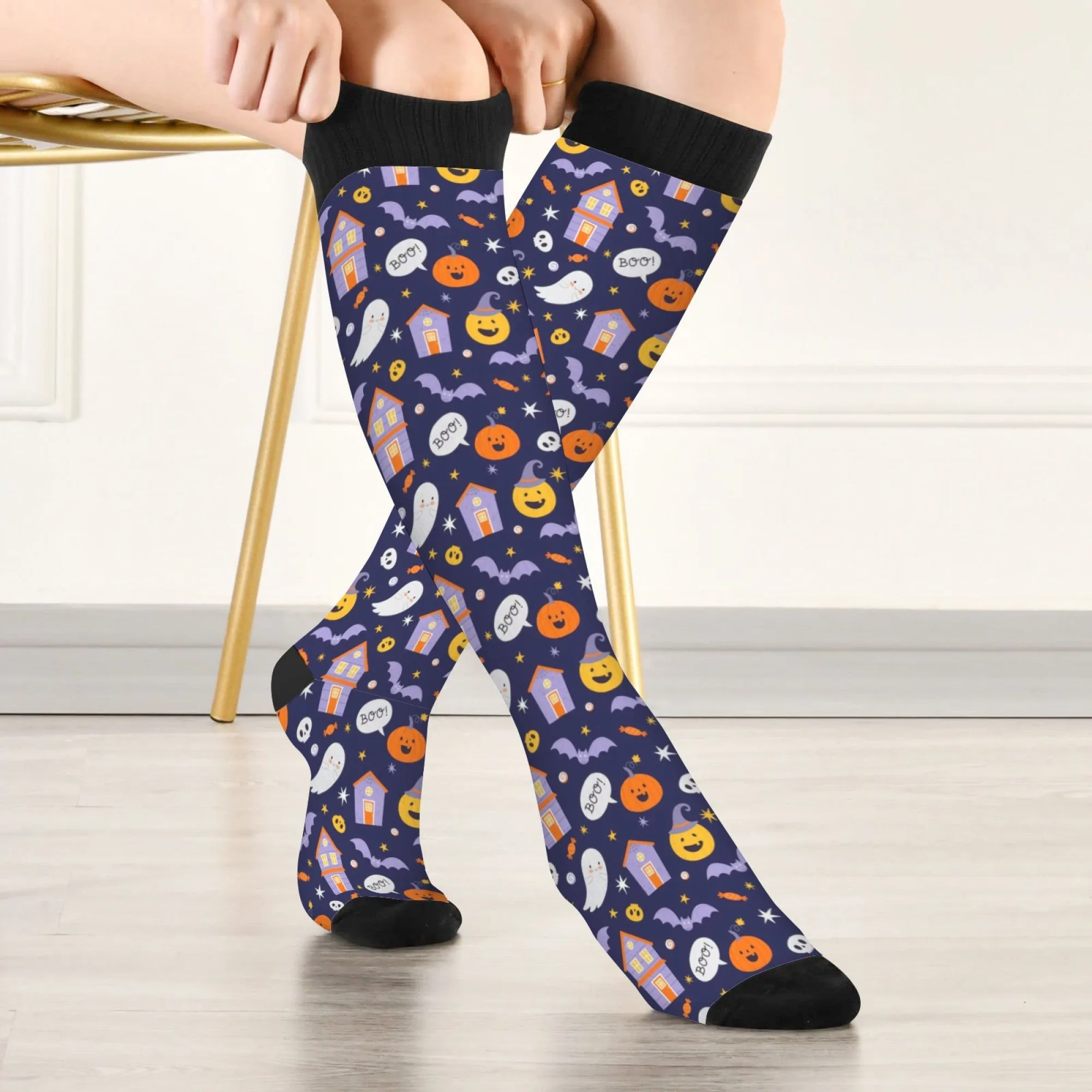 Halloween Fun Cute Cartoon Knee-High Socks Pumpkin Ghost Bat & Haunted House Patterns Dark Blue Palette Spooky Cute Vibe