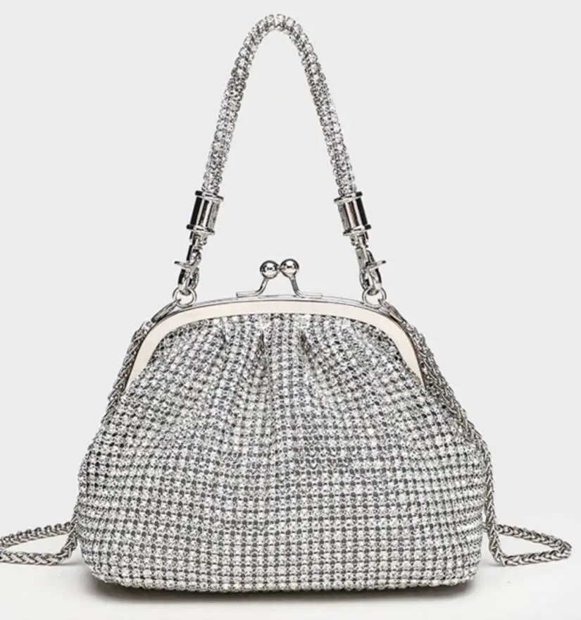 Bolsa feminina de noite incrustada de diamantes artesanal de alta qualidade, bolsa de concha de strass brilhante, bolsa crossbody de ombro único com corrente