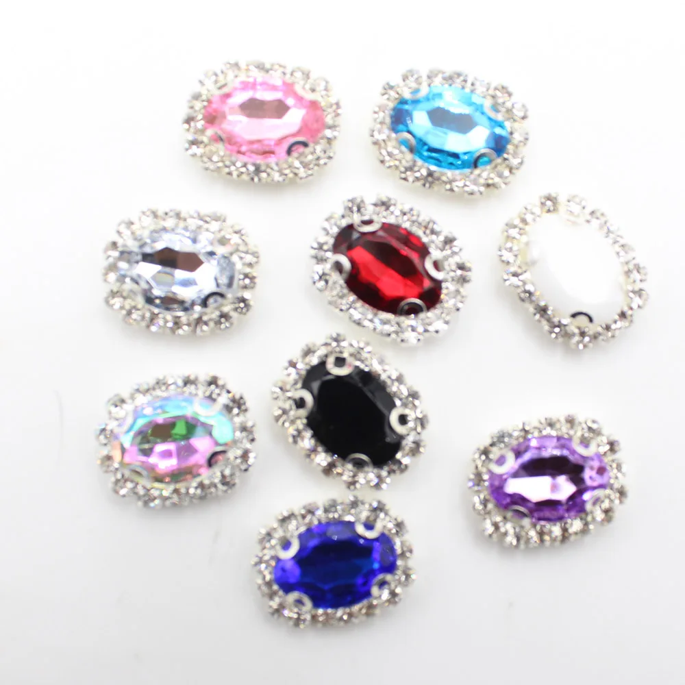 10 pieces/set 15 * 20MM oval acrylic diamond buttons, four hole flat back buttons, suitable for scarves sewing wedding accessori