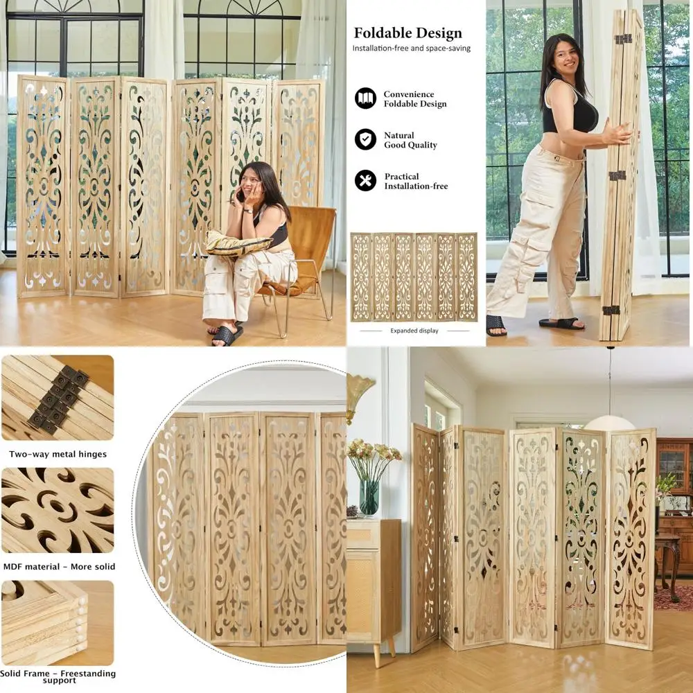 مقسم غرفة خشبي كلاسيكي منحوت مكون من 6 ألواح قابلة للطي لحديقة المكتب المنزلي - لمسة نهائية طبيعية