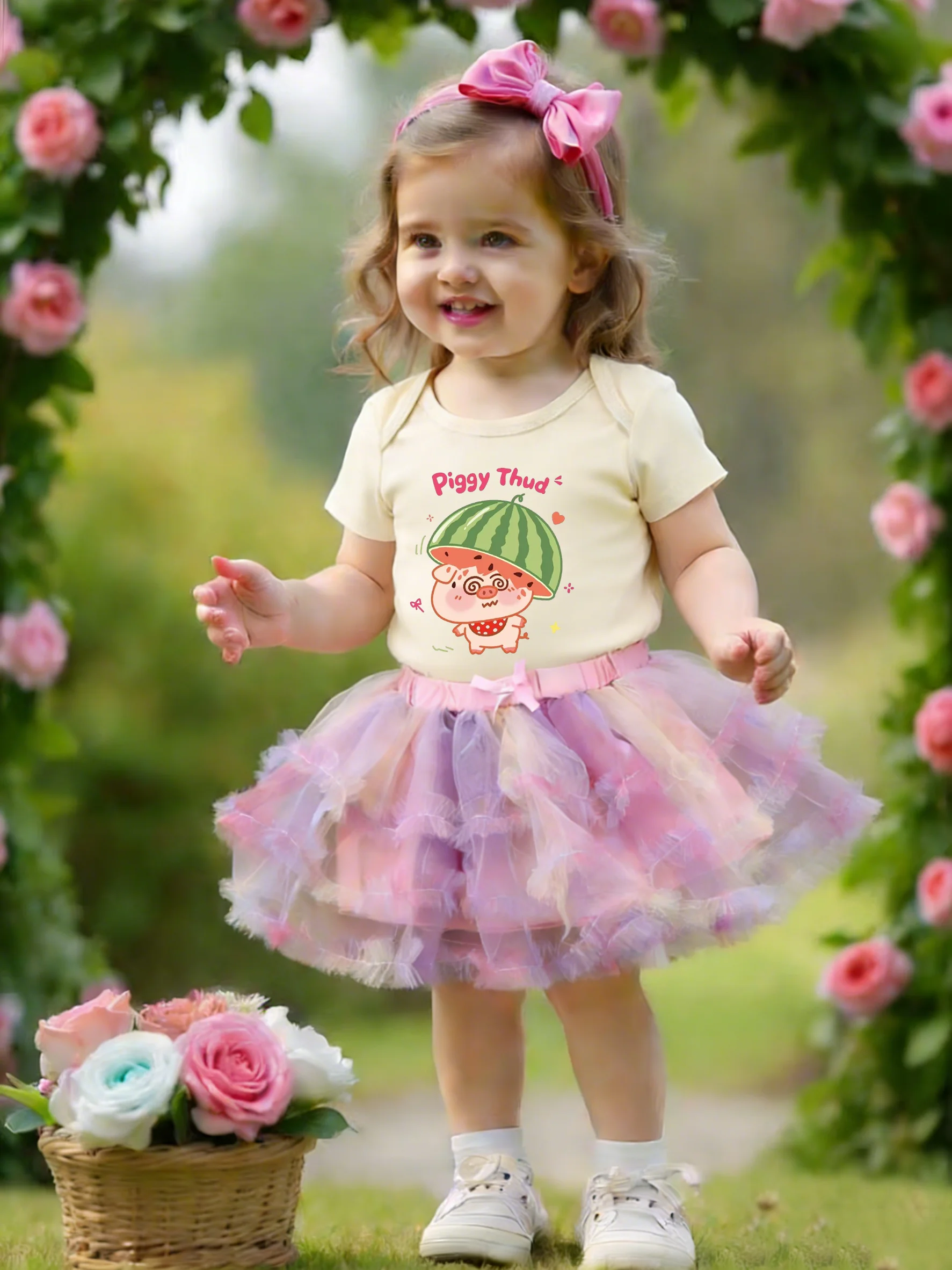 

Super Girly! Two-Color Watermelon Pig Print Girls Casual Set, Fun Sweet Style Two-Piece Outfit