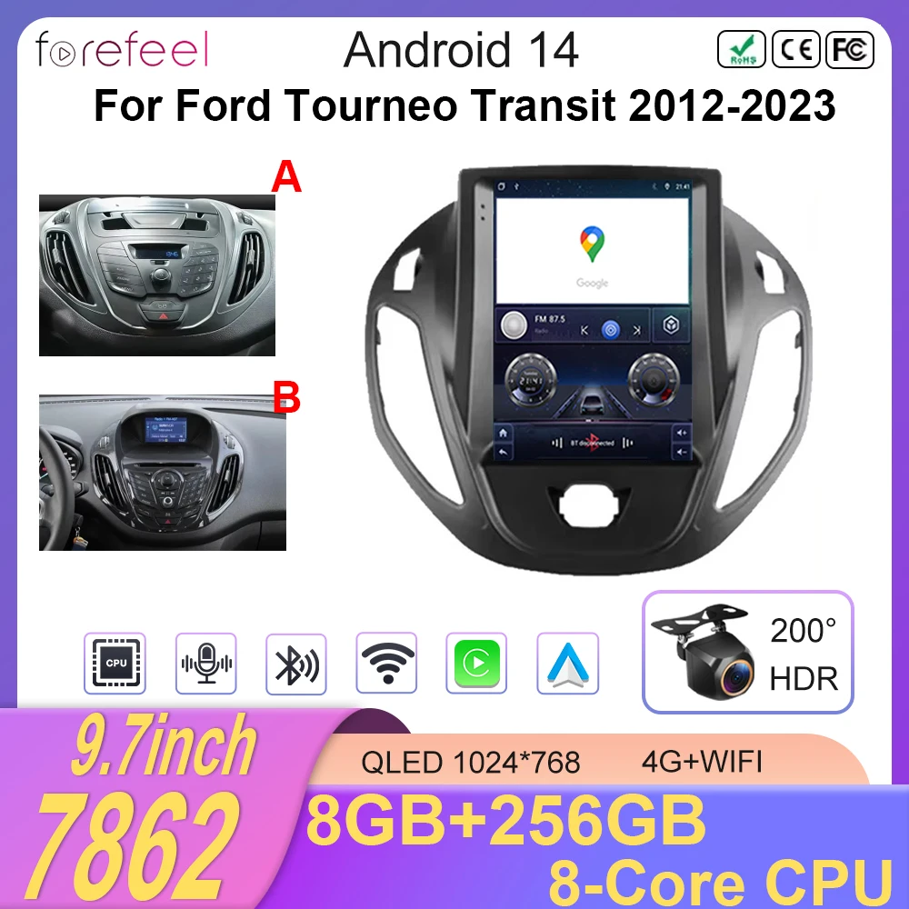 9.7 inch Vertical Screen Android 14 For Ford Tourneo Transit 2012-2023 For Tesla Style Auto Radio 4G Wifi Carplay 7862 CPU