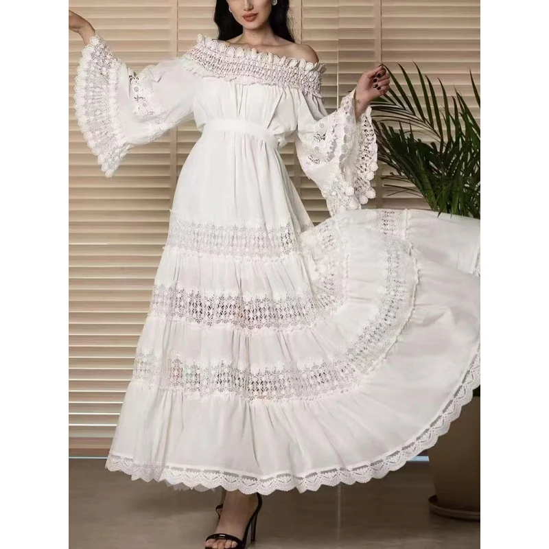

Retro Palace Style One-shoulder Dress 2025 New Arrival Elegant Tube Top Bell Sleeves Embroider Pure Color Maxi Dress