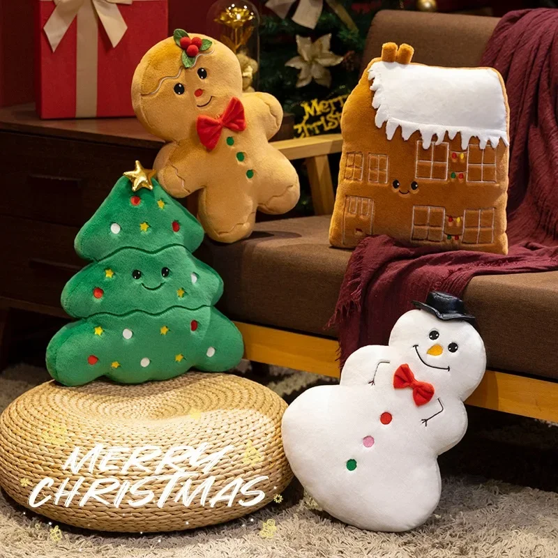 1PC Happy Christmas Ginger Bread Snowman Plushie Plush Pillow Stuffed Cabin House Xmas Tree Party Decor Doll