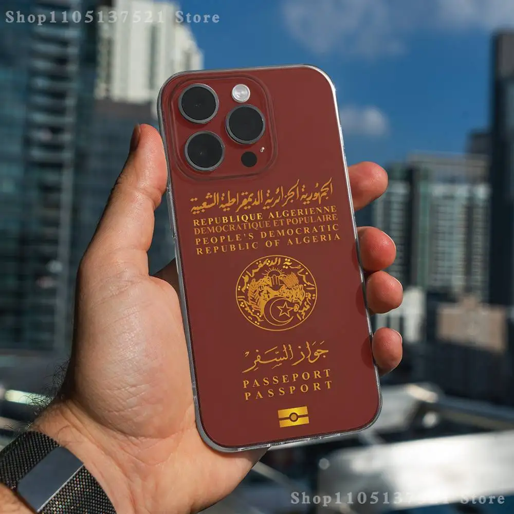 アルジェリアパスポート柄 iPhoneケース iPhone 17,16,15,14,13,12,11 Pro,Max,Plus,X,XS,XR,SE4,E Mini対応 透明ソフトカバー