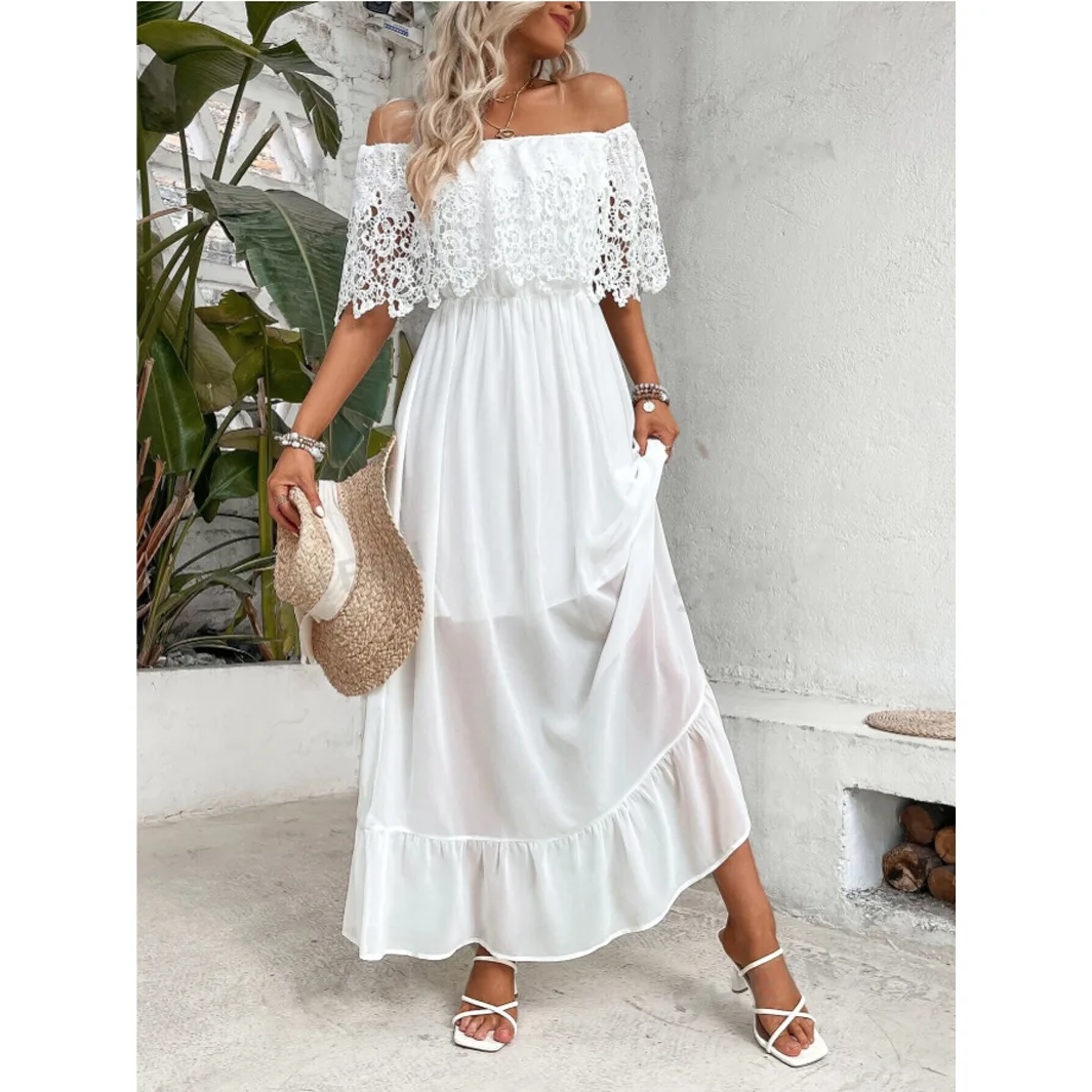 White Dress Women Long Dresses Off Shoulder A Line Vestidos Lace Ruffles Slim Elegant Splice Y2k High Waist Party Summer 2025