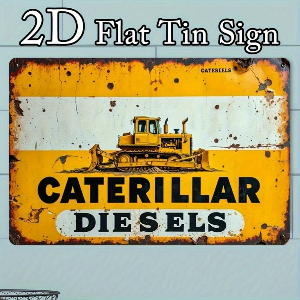 （2D Tin painting）2D Flat, 1pc Vintage Caterpillar Diesel Tin Sign - Yellow & Black Wall Art with Bulldozer Illustration, Rust