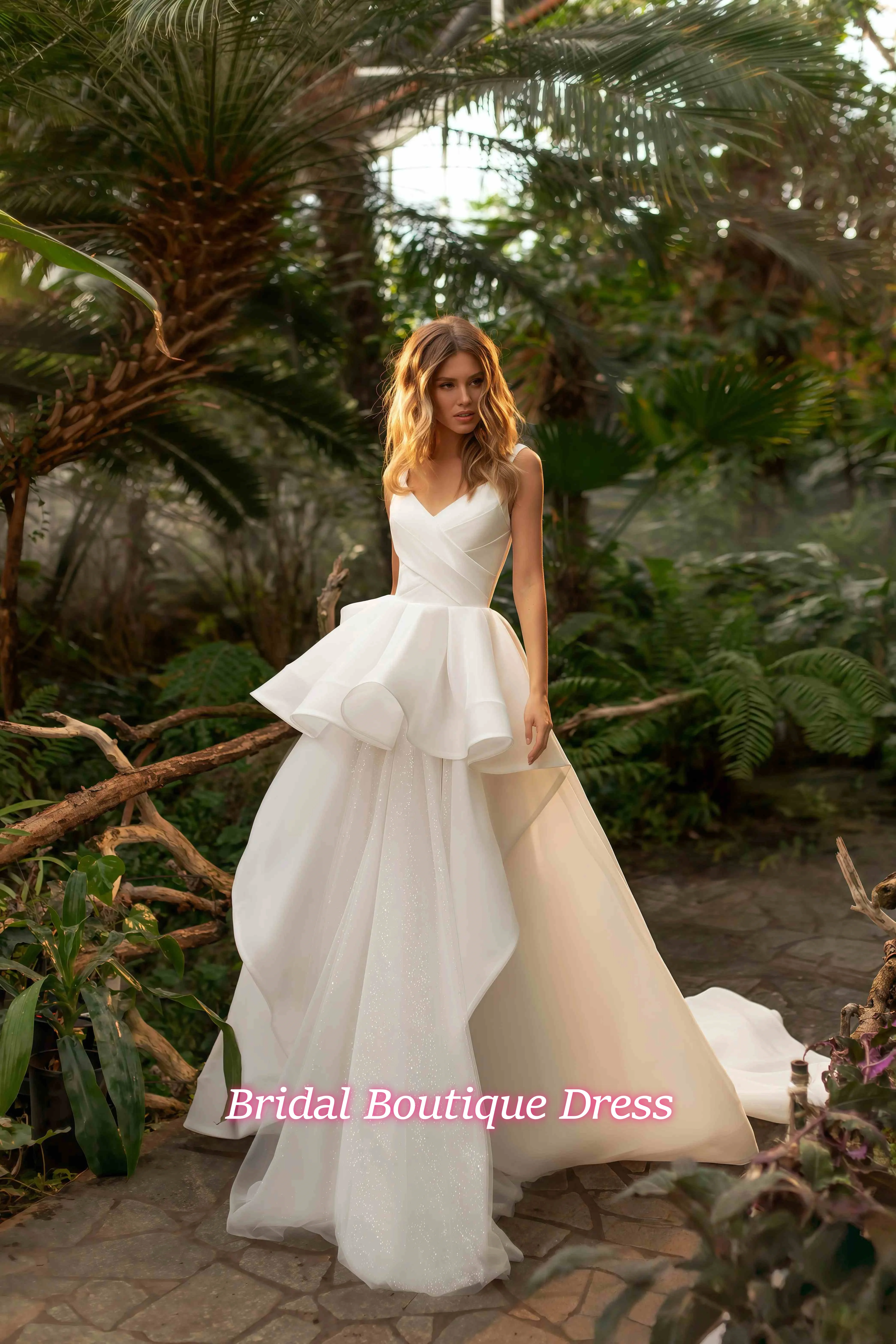 

Customized Modern Wedding Dress V-Neck Spaghetti Strap Backless Peplum Ruffle Skirt Sparkle Tulle A-Line Train Bridal Gown