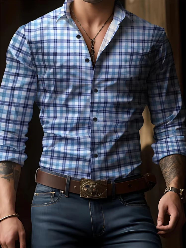 

Long Sleeve Hawaiian Shirt Black White Check 3d Print Shirt Men Fashion Casual Button Business Lapel Shirts Beach Blouse Outdoor