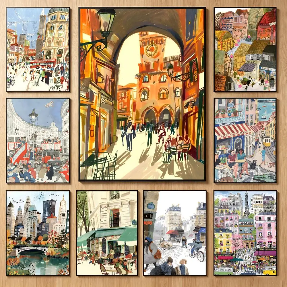 Bright City Art V-Vibrant European City Illustration Poster Classic Self-Adhesive PP Wall Sticker for Living Room Bar Decor Gift
