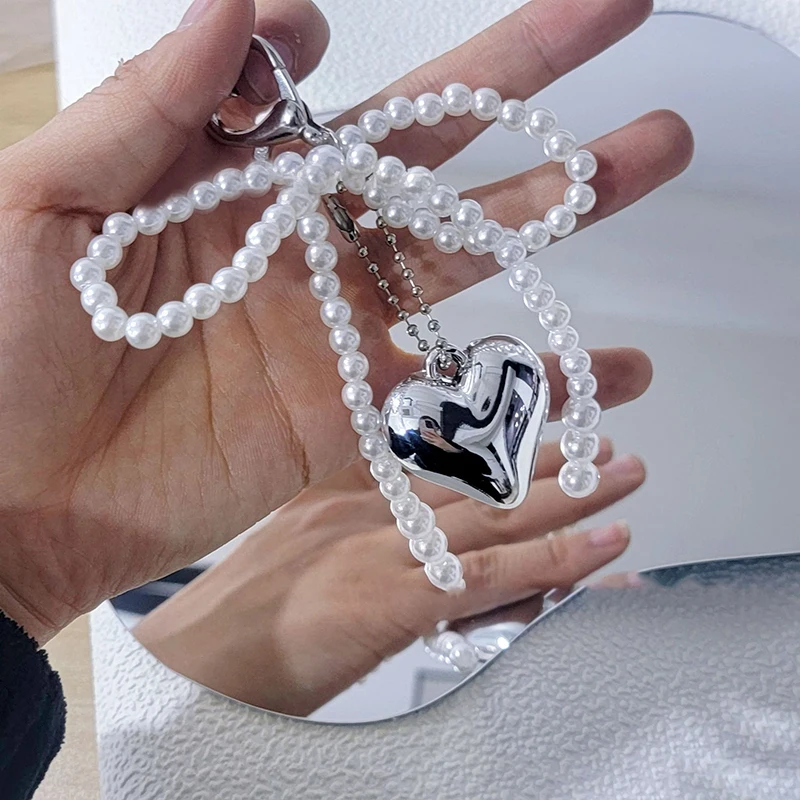 Korean Sweet Pearl Bow Keychain Heart Pendant Keyring Y2K Aesthetic Key Holder For Girls Bag Pendant Accessories