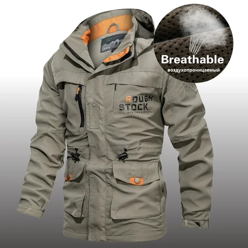 Chaqueta informal con capucha y múltiples bolsillos para hombre, gabardina de gran tamaño, impermeable, rompevientos transpirable