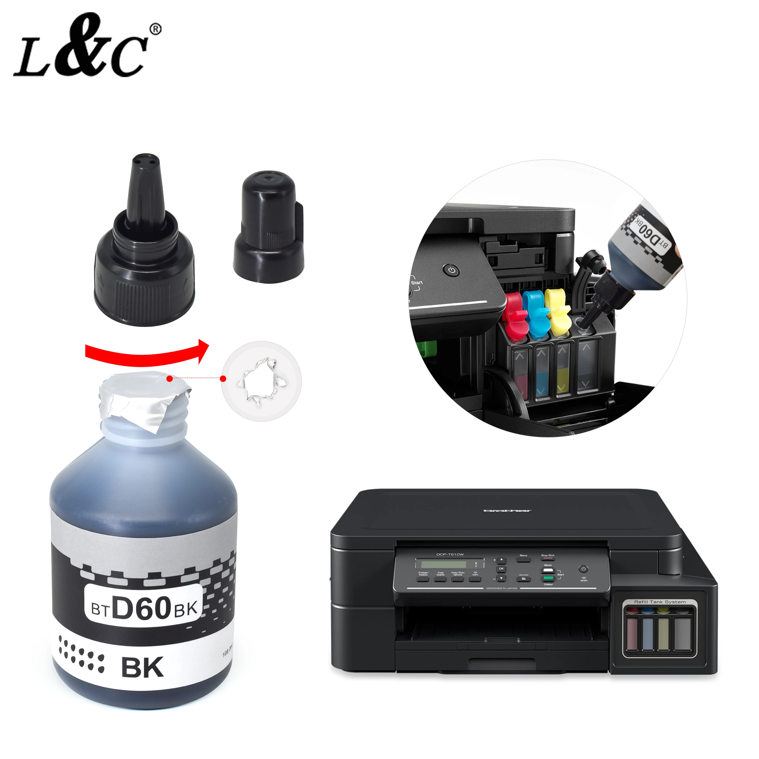 BTD60BK D60 BK 108ML Dye Ink Refill Kit For Brother DCP-T310 DCP-T510W DCP-T710W MFC-T810W MFC-T910W MFC-T5400W HL-T4000DW