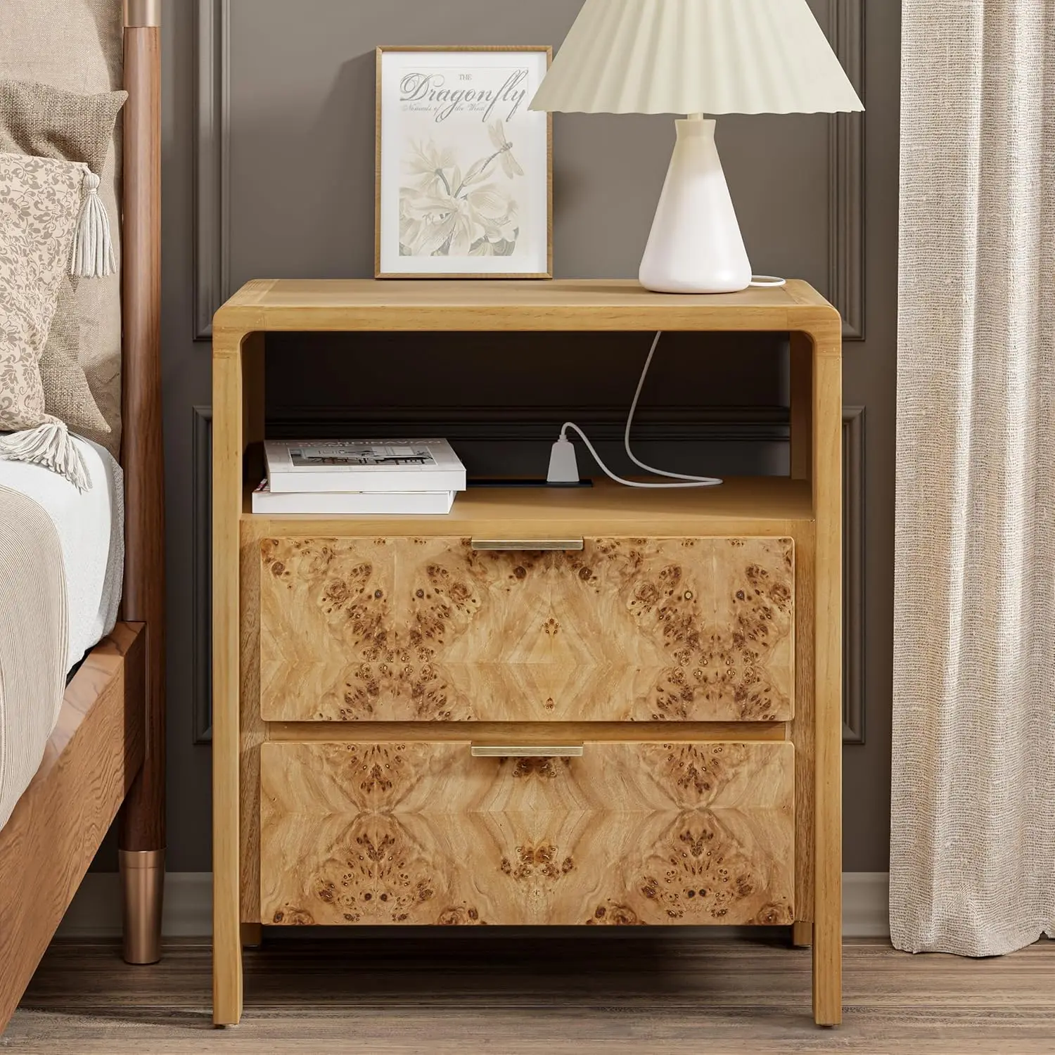 Farmhouse Nightstand With Charging Station, Side Table With Power Outlet And Usb & Type C Ports, Wood Bedside Table For