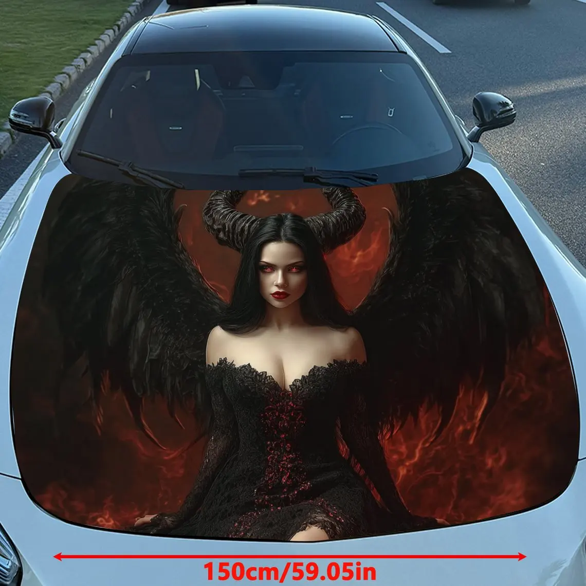 Red Eyed Sheep Horn Demon Car Hood Decal Sticker - Durable Vinyl Wrap, Fit For Most Vehicles, Engine Protection & Stylish Automo