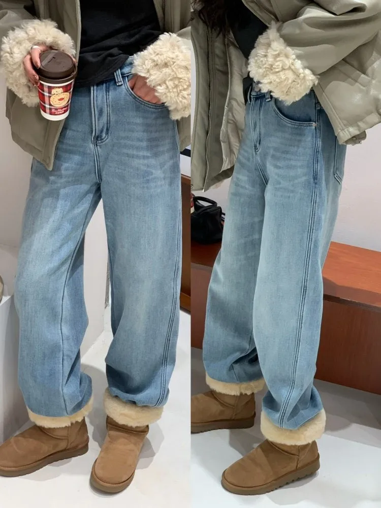 

Зимние джинсы Feita Thi с высокой талией, прямые, утепленные, из арктического вельвета, повседневные, с высокой эластичностью, женские брюки