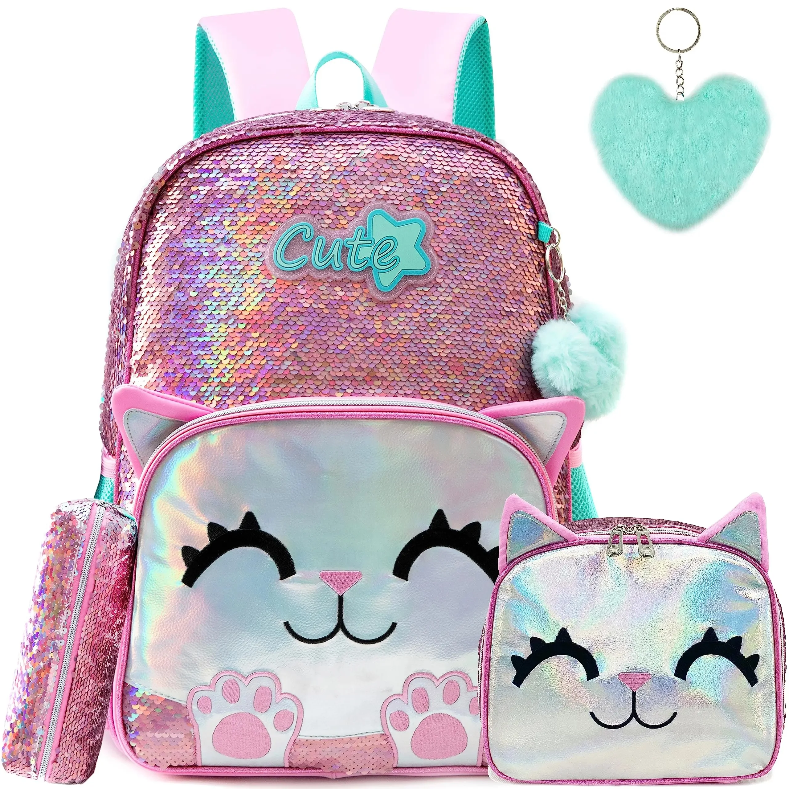 

Sparkly Sequin Cat Backpack Set, 4-Piece Iridescent Bag Combo with Lunch Tote, Pencil Case & Heart Keychain