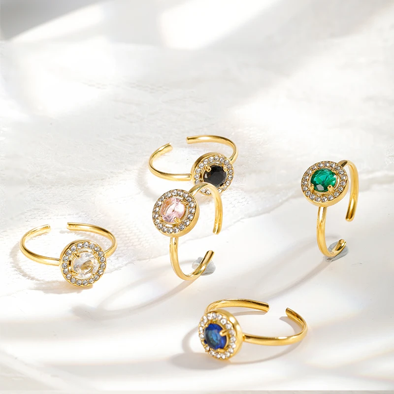 PAXA مقاوم للماء الملونة المفتوحة قابل للتعديل جولة زركون الفولاذ المقاوم للصدأ خواتم للنساء موضة أنيقة مجوهرات حفلة هدية