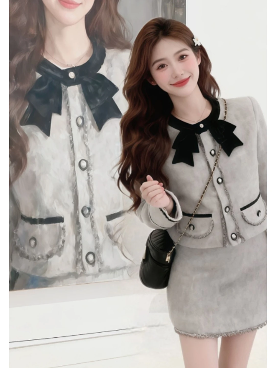 

Корейский комплект из пальто и юбки (двойка) для осенне-зимнего сезона: комфортный, из смесового хлопка, с длинным рукавом, круглым вырезом.