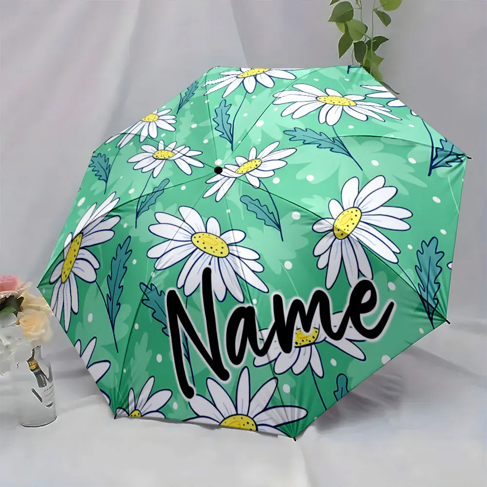 Custom Name Floral Green Umbrella with Daisies Polka Dot Design Print 8 Iron Ribs Folding Umbrella Auto-Open Fashion Sunshade
