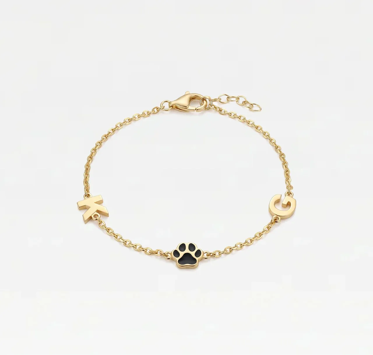 Pet Memorial Paw Print Bracelet Custom Initial Letter Black Enamel Dainty Adjustable Chain Jewelry Gift for Dog Lover Owner