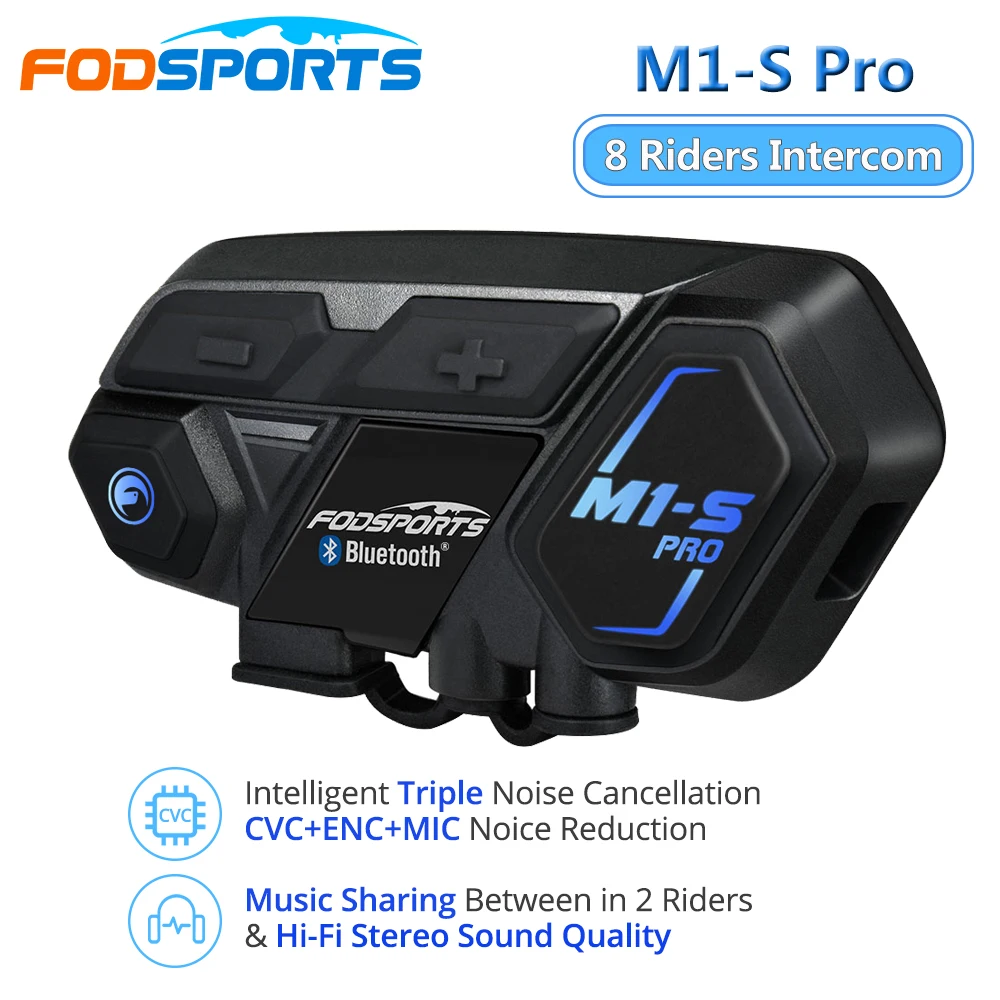 Fodsports M1S Pro-Intercomunicador para casco de motocicleta para 8 ciclistas 2000M,Interfono a prueba de agua Bluetooth5.0 Auriculares para casco Emparejamiento Universal CE intercomunicador moto bluetooth homologado