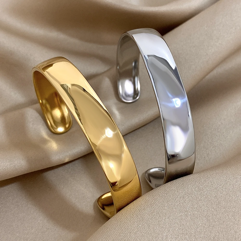 Simple Classic Smooth Open Bangle Bracelet Stainless Steel Glossy Bracelet Stylish Stackable Wrist Jewelry Cuff for Women Men