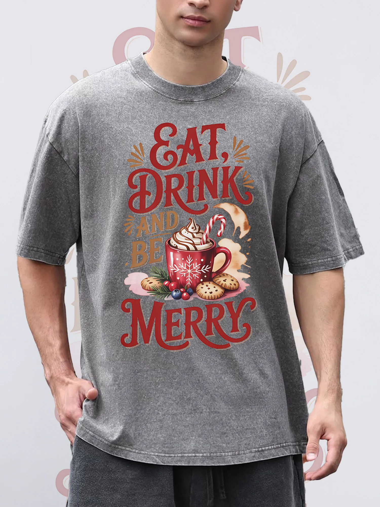 

Men's T-Shirts Eat Drink And Be Merry Printed Grey Short-Sleeve Crew Neck Loose Summer 100% Cotton Acid Washed Christmas