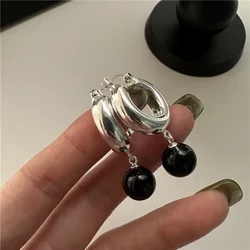 Sterling Silver 925 Black Onyx Pinecone Earrings French Vintage Glossy Round Chic Style Fashion Niche