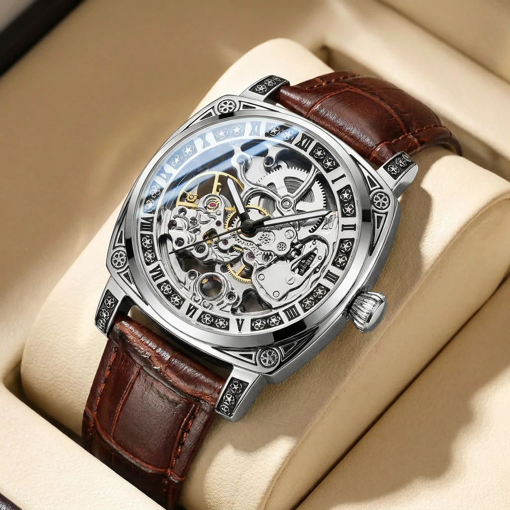 1pcs Men's Silver Dial Leather Strap Vintage Fashion Skeleton Gear Luxury Details Mechanical Watch for Daily Business Party Holi