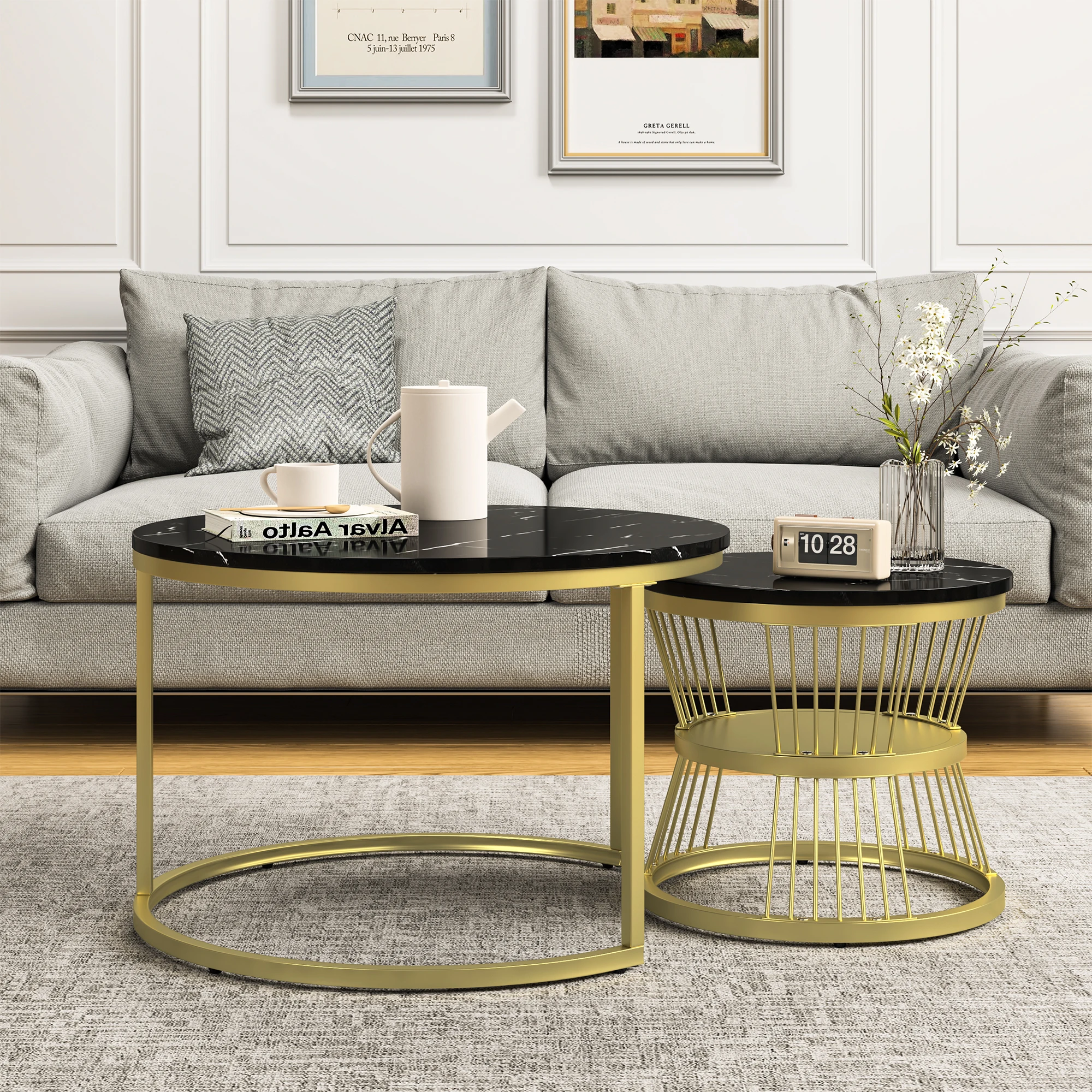 Runder Nesting Couch tisch, 2er Set moderner Couch tisch mit Kunst marmorplatte, goldener Metallrahmen schwarzer Nist tisch zum Wohnen r
